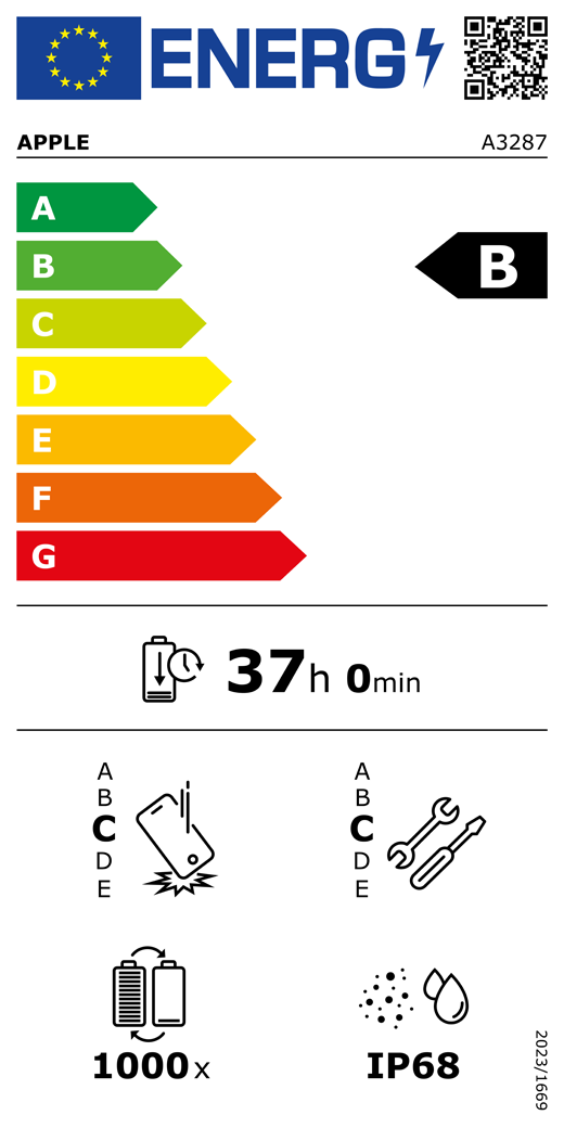 Etykieta energetyczna UE, kod QR i informacje, model Apple A3287, klasa B, klasy efektywności energetycznej (w skali od A do G), od A (najwyższa efektywność) do G (najniższa efektywność), trwałość baterii na cykl, 37 godzin i 0 minut na pełne naładowanie baterii, wytrzymałość na spadki swobodne wielokrotne klasy C, od A (największa solidność) do E (najmniejsza solidność), możliwość naprawy klasy C, od A (największa możliwość naprawy) do E (najmniejsza możliwość naprawy), trwałość baterii w cyklach 1000, ochrona przed wnikaniem pyłu i wody (IP) klasy IP68, rozporządzenie 2023/1669