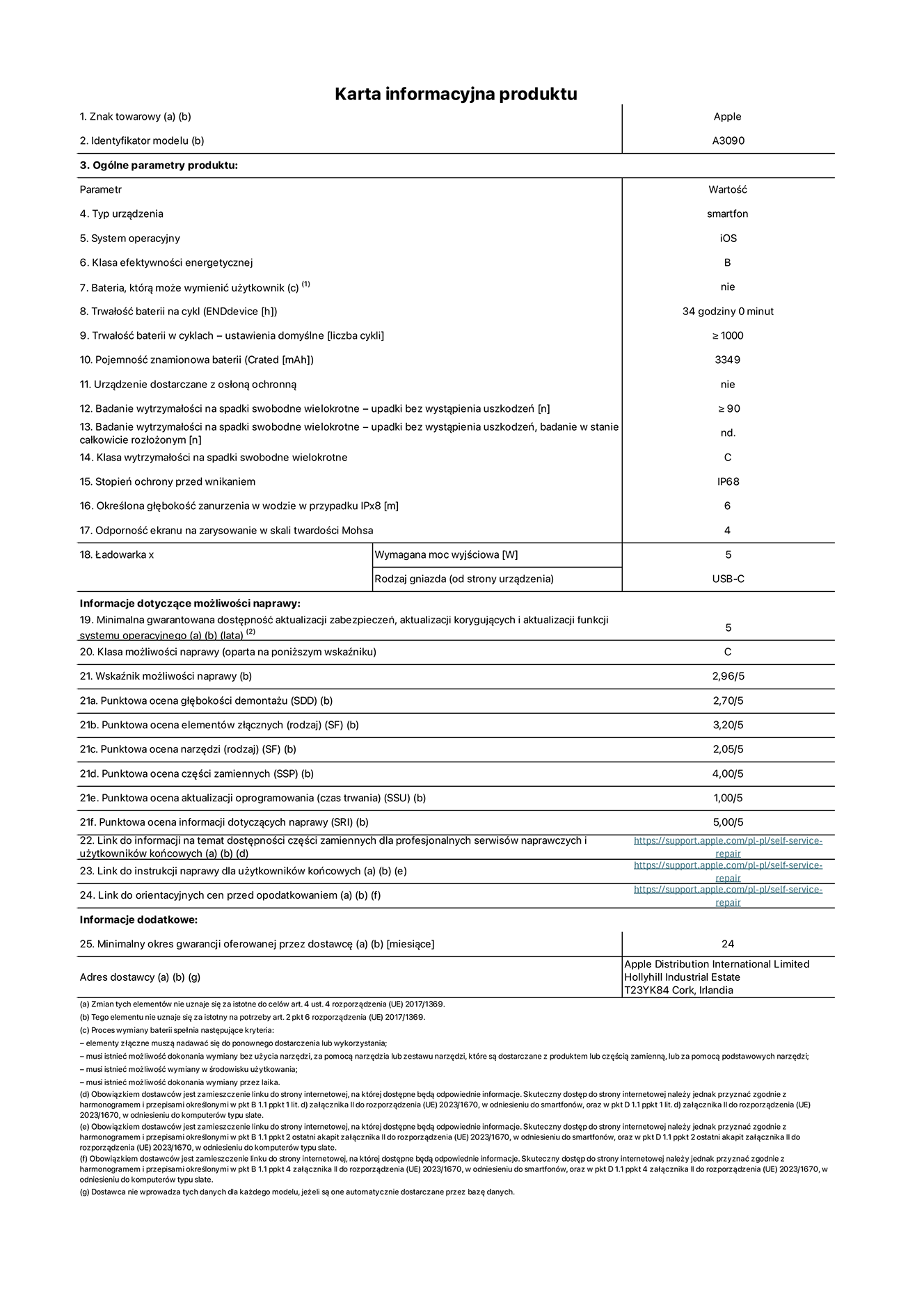 Karta informacyjna produktu dla iPhone'a 15, model A3090. Dostawca: Apple Distribution International Limited, Hollyhill Industrial Estate. Cork, Irlandia T23 YK84. Rodzaj urządzenia: smartfon. System operacyjny: iOS. Klasa efektywności energetycznej: B. Możliwość wymiany baterii przez użytkownika: nie. Trwałość baterii na cykl: 34 godziny. Trwałość baterii w cyklach (liczba cykli ładowania przy domyślnych ustawieniach): ≥ 1000. Znamionowa pojemność baterii: 3349 mAh. Dostarczany z nakładką ochronną: nie. Wytrzymałość na spadki swobodne wielokrotne (liczba upadków bez awarii): ≥ 90. Wytrzymałość na spadki swobodne wielokrotne (liczba upadków bez awarii przy całkowitym rozłożeniu urządzenia): nie dotyczy. Klasa wytrzymałości na wielokrotne upadki: C. Stopień ochrony przed wnikaniem: IP68. Określona głębokość zanurzenia w wodzie w przypadku IPx8: 6 metrów. Odporność ekranu na zarysowania (skala twardości Mohsa): 4. Minimalna moc wyjściowa ładowarki: 5 W. Typ złącza ładowarki (przy urządzeniu): USB-C. Minimalny gwarantowany okres dostępności aktualizacji zabezpieczeń systemu operacyjnego, poprawek i nowych funkcji: 5 lat. Klasa możliwości naprawy: C. Wskaźnik możliwości naprawy: 2,96/5. Ocena głębokości demontażu (SDD): 2,70/5. Ocena elementów złącznych: 3,20/5. Ocena narzędzi: 2,05/5. Ocena części zamiennych: 4,00/5. Ocena aktualizacji oprogramowania: 1,00/5. Ocena informacji dotyczących naprawy: 5,00/5. Link do informacji o dostępności części zamiennych dla serwisantów i użytkowników końcowych: https://ancillary-proxy.atarimworker.io?url=https%3A%2F%2Fsupport.apple.com%2Fself-service-repair. Link do instrukcji napraw dla użytkowników końcowych: https://ancillary-proxy.atarimworker.io?url=https%3A%2F%2Fsupport.apple.com%2Fself-service-repair. Link do orientacyjnych cen bez podatku: https://ancillary-proxy.atarimworker.io?url=https%3A%2F%2Fsupport.apple.com%2Fself-service-repair. Obowiązuje 24-miesięczna gwarancja ogólna.