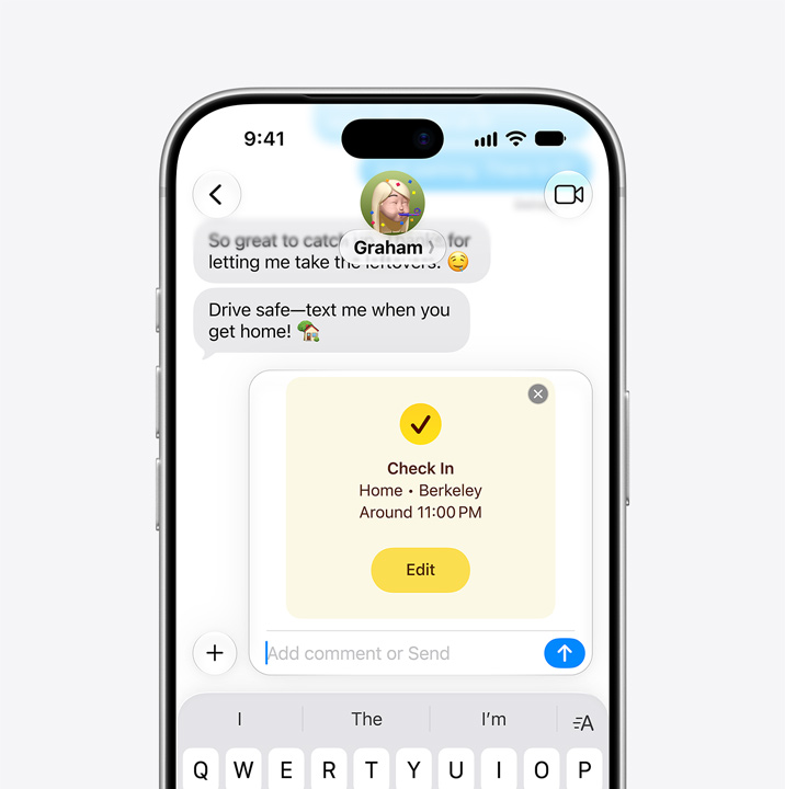 Ekran iPhone’a pokazujący wątek w apce Wiadomości z włączoną funkcją Daj znać