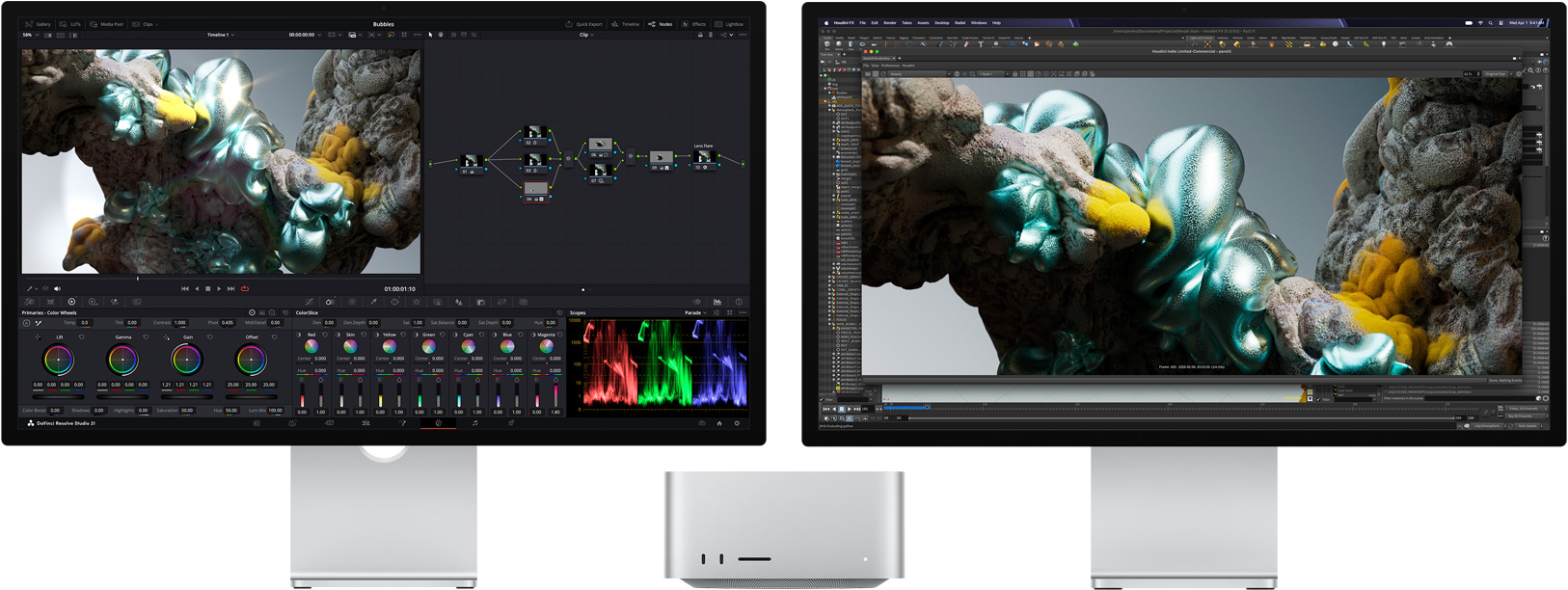 Studio Display, na ekranie widać aplikację DaVinci Resolve Studio z abstrakcyjnym wielokolorowym obrazem w powiększeniu, Mac Studio, widok z przodu, Studio Display XDR, na ekranie widać aplikacje Houdini i Maxon Redshift z tym samym obrazem w powiększeniu