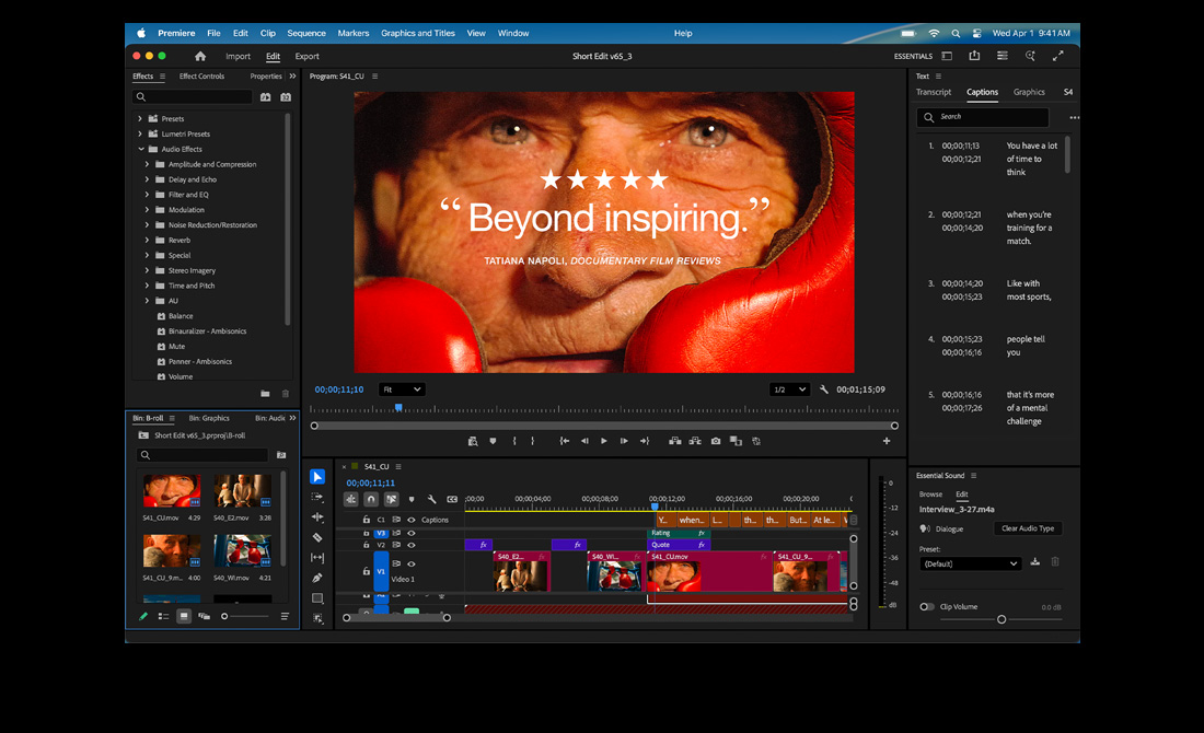 Ekran MacBooka przedstawiający montaż filmu pt. Eternal Play w aplikacji Adobe Premiere Pro