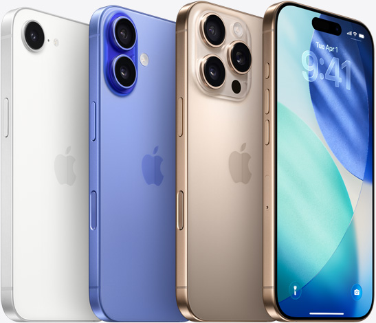 Tylny panel iPhone’a 16e w kolorze białym, iPhone’a 16 w kolorze ultramaryny i iPhone’a 16 Pro w kolorze tytanu pustynnego, urządzenia zachodzą na siebie; oraz ekran blokady iPhone’a 16 Pro w kolorze tytanu pustynnego