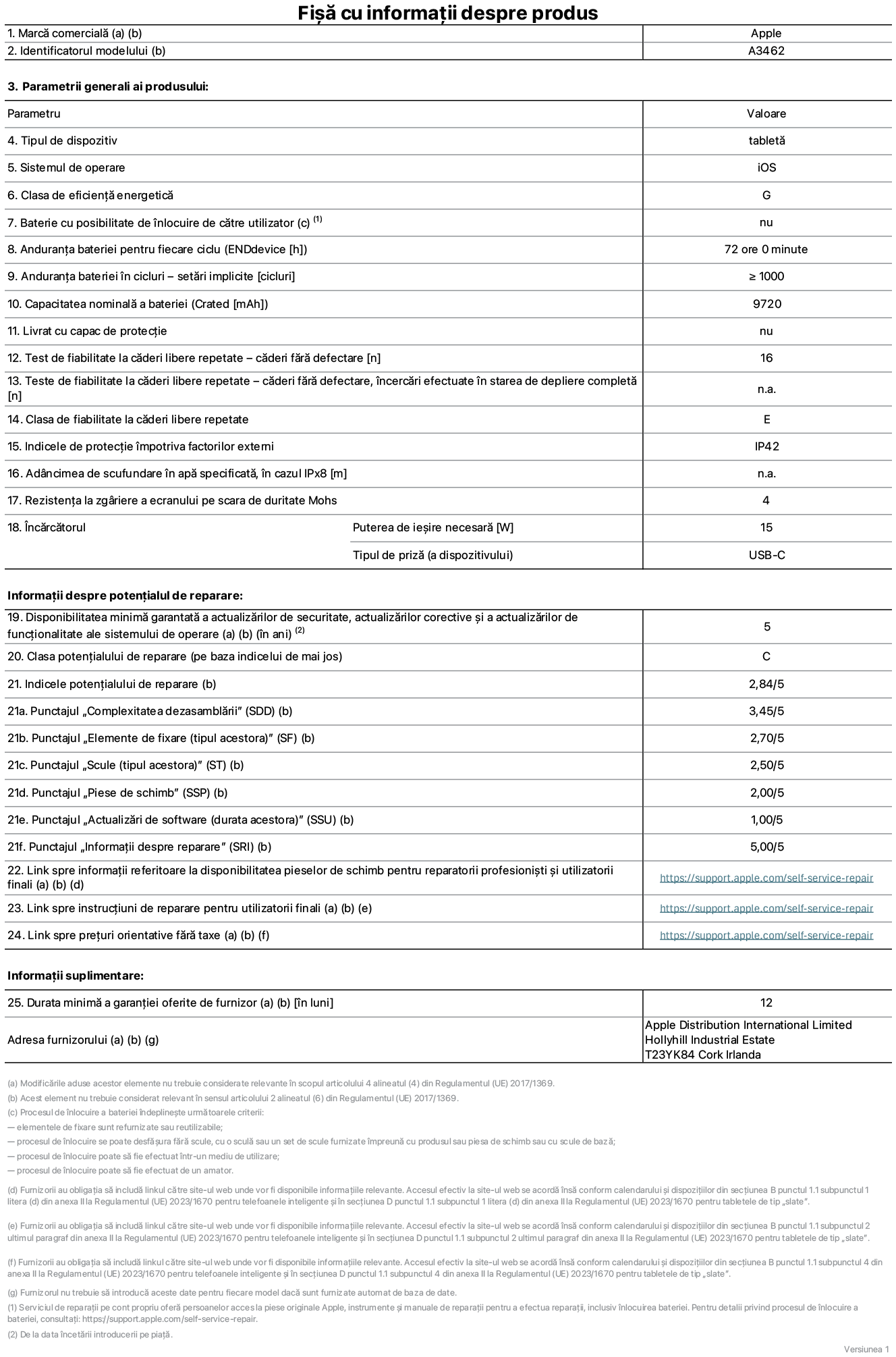 Fișă cu informații despre produs pentru iPad Air Wi-Fi + Cellular de 13 inchi, model A3462. Furnizată de Apple Distribution International Limited, Hollyhill Industrial Estate. Cork, Irlanda, T23 YK84. Tipul de dispozitiv: tabletă. Sistemul de operare: iOS. Clasa de eficiență energetică: G. Baterie cu posibilitate de înlocuire de către utilizator: nu. Anduranța bateriei pentru fiecare ciclu: 72 de ore. Anduranța bateriei în cicluri – setări implicite: mai mare sau egală cu 1000. Capacitatea nominală a bateriei: 9720 miliamperi-oră. Livrat cu capac de protecție: nu. Test de fiabilitate la căderi libere repetate – căderi fără defectare: mai mare sau egal cu 51. Test de fiabilitate la căderi libere repetate – căderi fără defectare, încercări efectuate în starea de depliere completă: nu se aplică. Clasa de fiabilitate la căderi libere repetate: E. Indicele de protecție împotriva factorilor externi: IP42. Adâncimea de scufundare în apă specificată, în cazul IPx8: nu se aplică. Rezistența la zgâriere a ecranului pe scara de duritate Mohs: 4. Puterea de ieșire necesară pentru încărcător: 15 wați. Tipul de priză pentru încărcător (a dispozitivului): USB-C. Disponibilitatea minimă garantată a actualizărilor de securitate, a actualizărilor corective și a actualizărilor de funcționalitate ale sistemului de operare: 5 ani. Clasa potențialului de reparare: C. Indicele potențialului de reparare: 2,84/5. Punctajul „Complexitatea dezasamblării (SDD)”: 3,45/5. Punctajul „Elemente de fixare”: 2,70/5. Punctajul „Scule”: 2,50/5. Punctajul „Piese de schimb”: 2,00/5. Punctajul „Actualizări de software”: 1,00/5. Punctajul „Informații despre reparare”: 5,00/5. Link spre informații referitoare la disponibilitatea pieselor de schimb pentru reparatorii profesioniști și utilizatorii finali: https://ancillary-proxy.atarimworker.io?url=https%3A%2F%2Fsupport.apple.com%2Fself-service-repair. Link spre instrucțiuni de reparare pentru utilizatorii finali: https://ancillary-proxy.atarimworker.io?url=https%3A%2F%2Fsupport.apple.com%2Fself-service-repair. Link spre prețuri orientative fără taxe: https://ancillary-proxy.atarimworker.io?url=https%3A%2F%2Fsupport.apple.com%2Fself-service-repair. Garanție generală oferită: 12 luni.