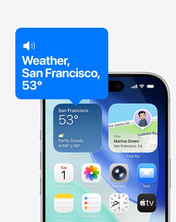 Ecran principal iPhone, pictogramă a widgetului meteo citit cu voce tare cu VoiceOver