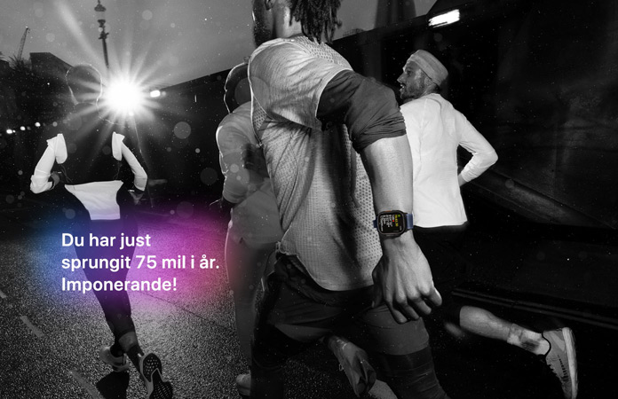Svartvit bild på personer som joggar. I texten på bilden står det: Du har just sprungit 75 mil i år. Imponerande!