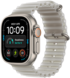 Apple Watch Ultra 4, titanium case, natural colour, Modular watch face, complications: day and date, readiness, heart rate, Run workout, Weather, right side exterior, Digital Crown, raised side button, Ocean Band, translucent grey colour
