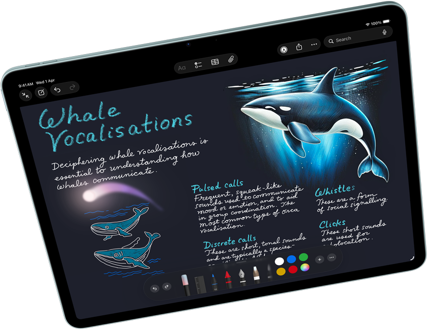 Landscape view of iPad Air showcasing Apple Intelligence with Image Playground and Keynote, Apple Pencil Pro