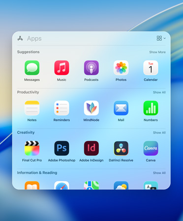 Spotlight browsing menu showing apps in categories: Suggestions, Productivity, Creativity, Information and Reading
