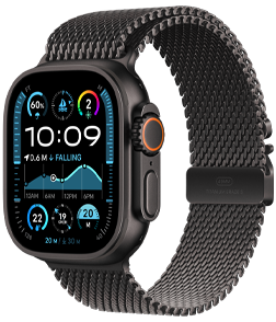 Apple Watch Ultra 2 with a black titanium case and Black Titanium Milanese Loop band.