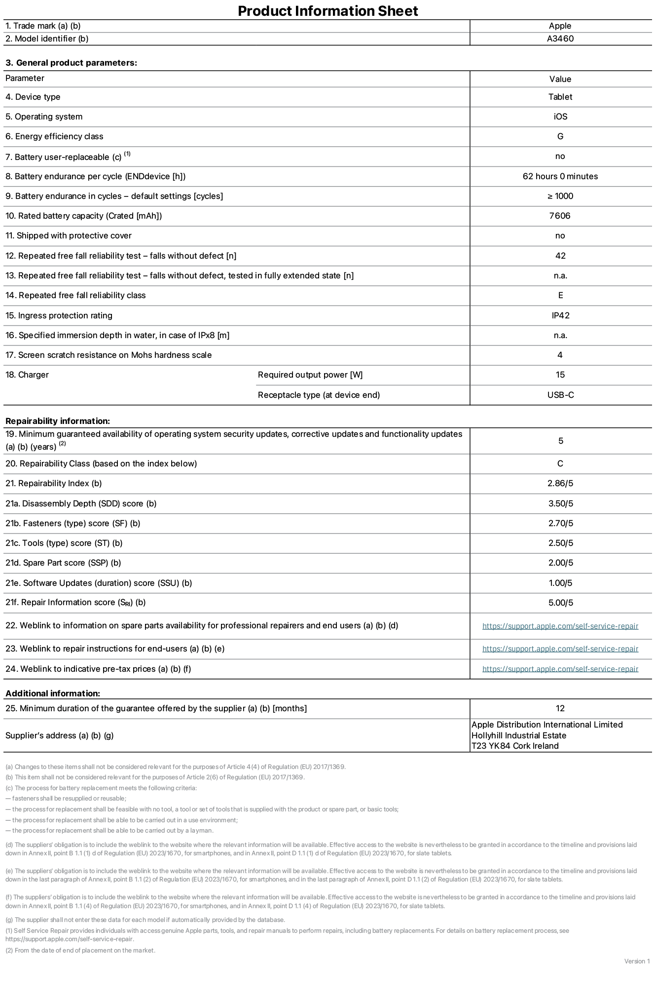 Product information sheet for 11-inch iPad Air Wi-Fi + Cellular, model A3460. Supplied by Apple Distribution International Limited, Hollyhill Industrial Estate. Cork, Ireland, T23 YK84. Device type: tablet. Operating system: iOS. Energy efficiency class: G. Battery user-replaceable: no. Battery endurance per cycle: 62 hours. Battery endurance in cycles - default settings: greater than or equal to 1,000. Rated battery capacity: 7606 milliampere-hours. Shipped with protective cover: no. Repeated free fall reliability test - falls without defect: greater than or equal to 42. Repeated free fall reliability test - falls without defect tested in fully extended state: not applicable. Repeated free fall in reliability class: E. Ingress protection rating: IP42. Specified immersion depth in water, in case of iPx8: not applicable. Screen scratch resistance on Mohs hardness scale: 4. Charger required output power: 15 watts. Charger receptacle type (at device end): USB-C. Minimum guaranteed availability of operating system security updates, corrective updates and functionality updates: 5 years. Repairability class: C. Repairability index: 2.86/5. Disassembly Depth (SDD) score: 3.50/5. Fasteners score: 2.70/5. Tools score: 2.50/5. Spare part score: 2.00/5. Software updates score: 1.00/5. Repair information score: 5.00/5. Weblink to information on spare parts availability for professional repairers and end-users: https://ancillary-proxy.atarimworker.io?url=https%3A%2F%2Fsupport.apple.com%2Fself-service-repair. Weblink to repair instructions for end-users: https://ancillary-proxy.atarimworker.io?url=https%3A%2F%2Fsupport.apple.com%2Fself-service-repair. Weblink to indicative pre-tax prices: https://ancillary-proxy.atarimworker.io?url=https%3A%2F%2Fsupport.apple.com%2Fself-service-repair. 12 month general guarantee offered.
