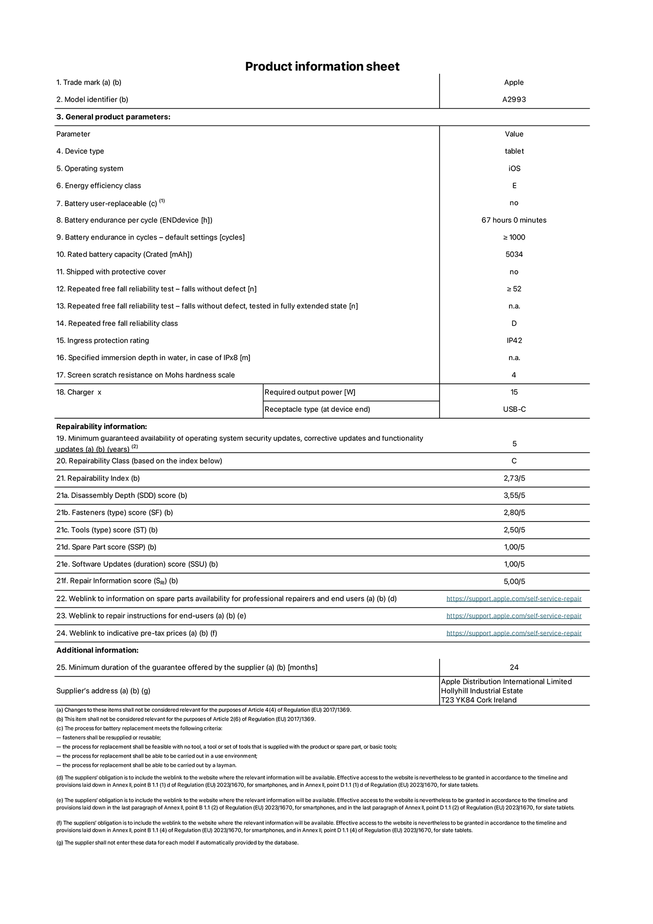 Product information sheet for iPad mini Wi-Fi, model A2993. Supplied by Apple Distribution International Ltd, Hollyhill Industrial Estate. Cork, Ireland T23 YK84. Device type: tablet. Operating system: iOS. Energy efficiency class: E. Battery user-replaceable: no. Battery endurance: 67 hours. Battery endurance in cycles: greater than or equal to 1000. Rated battery capacity: 5034 mAh. Repeated free fall reliability test - falls without defect: greater than or equal to 52. Repeated free fall reliability class: D. Ingress protection rating: IP42. Screen scratch resistance on Mohs hardness scale: 4. Charger required output power: 15 W. Charger receptacle type: USB-C. Minimum guaranteed availability of operating system security updates, corrective updates and functionality updates: 5 years. Repairability Class: C. Repairability Index: 2,73/5. Disassembly Depth score: 3,55/5. Fasteners score: 2,80/5. Tools score: 2,50/5. Spare Part score: 1,00/5. Software Updates score: 1,00/5. Repair Information score: 5,00/5. Weblink to information on spare parts availability for professional repairers and end users: https://ancillary-proxy.atarimworker.io?url=https%3A%2F%2Fsupport.apple.com%2Fself-service-repair. Weblink to repair instructions for end-users: https://ancillary-proxy.atarimworker.io?url=https%3A%2F%2Fsupport.apple.com%2Fself-service-repair. Weblink to indicative pre-tax prices: https://ancillary-proxy.atarimworker.io?url=https%3A%2F%2Fsupport.apple.com%2Fself-service-repair. 24-month general guarantee offered.
