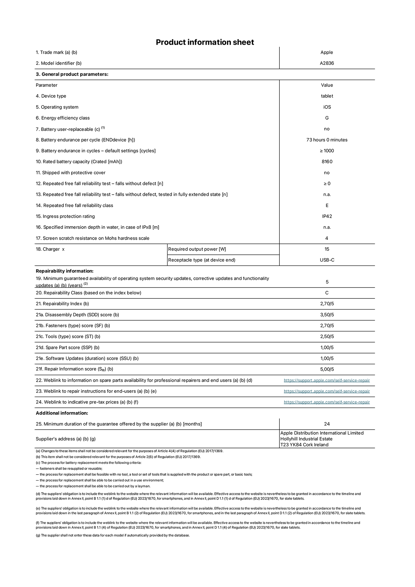 Product information sheet for 11-inch iPad Pro Wi-Fi, model A2836. Supplied by Apple Distribution International Ltd, Hollyhill Industrial Estate. Cork, Ireland T23 YK84. Device type: tablet. Operating system: iOS. Energy efficiency class: G. Battery user-replaceable: no. Battery endurance: 73 hours. Battery endurance in cycles: ≥ 1000. Rated battery capacity: 8160 mAh. Repeated free fall reliability test - falls without defect: ≥ 0. Repeated free fall reliability class: E. Ingress protection rating: IP42. Screen scratch resistance on Mohs hardness scale: 4. Charger required output power: 15 W. Charger receptacle type: USB-C. Minimum guaranteed availability of operating system security updates, corrective updates and functionality updates: 5 years. Repairability Class: C. Repairability Index: 2, 70/5. Disassembly Depth score: 3, 50/5. Fasteners score: 2, 70/5. Tools score: 2, 50/5. Spare Part score: 1, 00/5. Software Updates score: 1, 00/5. Repair Information score: 5, 00/5. Weblink to information on spare parts availability for professional repairers and end users: https://ancillary-proxy.atarimworker.io?url=https%3A%2F%2Fsupport.apple.com%2Fself-service-repair. Weblink to repair instructions for end-users: https://ancillary-proxy.atarimworker.io?url=https%3A%2F%2Fsupport.apple.com%2Fself-service-repair. Weblink to indicative pre-tax prices: https://ancillary-proxy.atarimworker.io?url=https%3A%2F%2Fsupport.apple.com%2Fself-service-repair. 24-month general guarantee offered.