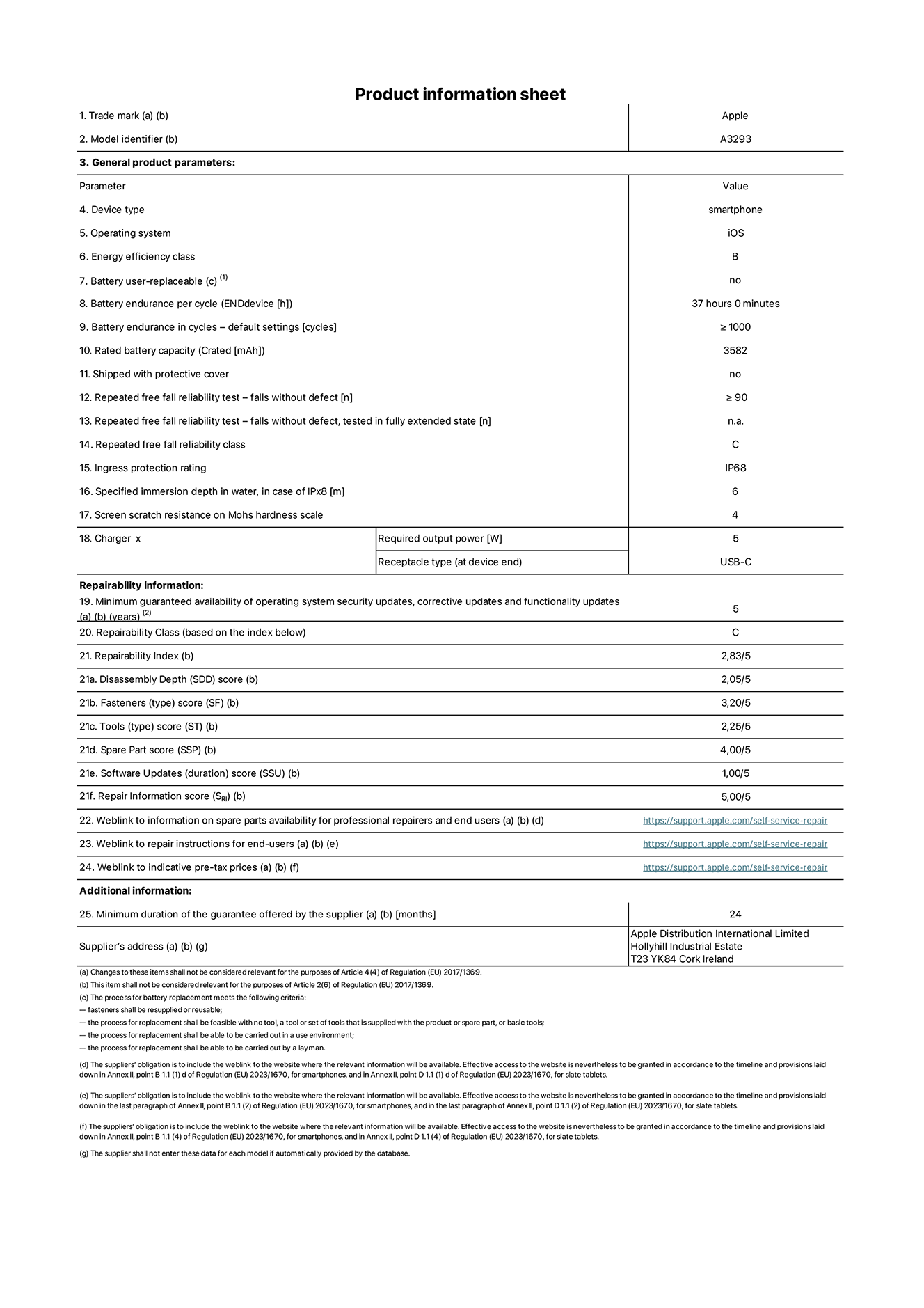 Product information sheet for iPhone 16 Pro, model A3293. Supplied by Apple Distribution International Limited, Hollyhill Industrial Estate. Cork, Ireland T23 YK84. Device type: smartphone. Operating system: iOS. Energy efficiency class: B. Battery user-replaceable: no. Battery endurance per cycle: 37 hours. Battery endurance in cycles - default settings: ≥ 1000. Rated battery capacity: 3582mAh. Shipped with protective cover: no. Repeated free fall reliability test - falls without defect: ≥ 90. Repeated free fall reliability test - falls without defect tested in fully extended state: not applicable. Repeated free fall in reliability class: C. Ingress protection rating: IP68. Specified immersion depth of mater, in case of iPx8: 6. Screen scratch resistance on Mohs hardness scale: 4. Charger required output power: 5W. Charger receptacle type (at device end): USB-C. Minimum guaranteed availability of operating system security updates, corrective updates and functionality updates: 5 years. Repairability class: C. Repairability index: 2,83/5. Disassembly Depth (SDD) score: 2,05/5. Fasteners score: 3,20/5. Tools score: 2,25/5. Spare part score: 4,00/5. Software updates score: 1,00/5. Repair information score: 5,00/5. Weblink to information on spare parts availability for professional repairers and end users: https://ancillary-proxy.atarimworker.io?url=https%3A%2F%2Fsupport.apple.com%2Fself-service-repair. Weblink to repair instructions for end-users: https://ancillary-proxy.atarimworker.io?url=https%3A%2F%2Fsupport.apple.com%2Fself-service-repair. Weblink to indicative pre-tax prices: https://ancillary-proxy.atarimworker.io?url=https%3A%2F%2Fsupport.apple.com%2Fself-service-repair. 24-month general guarantee offered.
