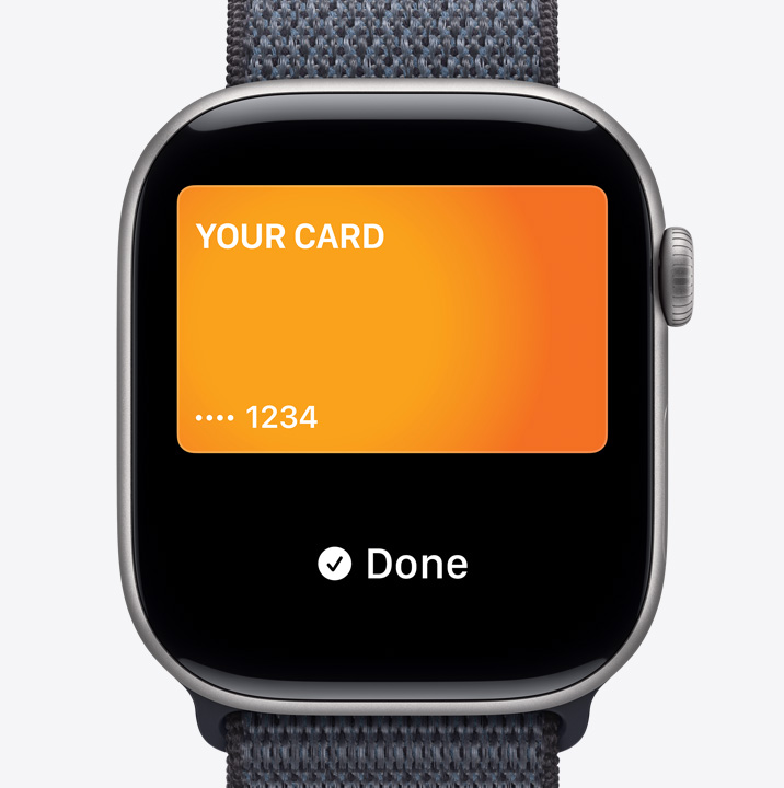 Apple Watch Series 11 devices, aluminum and titanium cases, silver, rose gold and gold colors, Apple Pay screen, Apple Card, Apple Wallet, Transit Card, home key card, Bands: Sport Loop, anchor blue color, Sport Band, light blush color, Braided Solo Loop, turmeric color