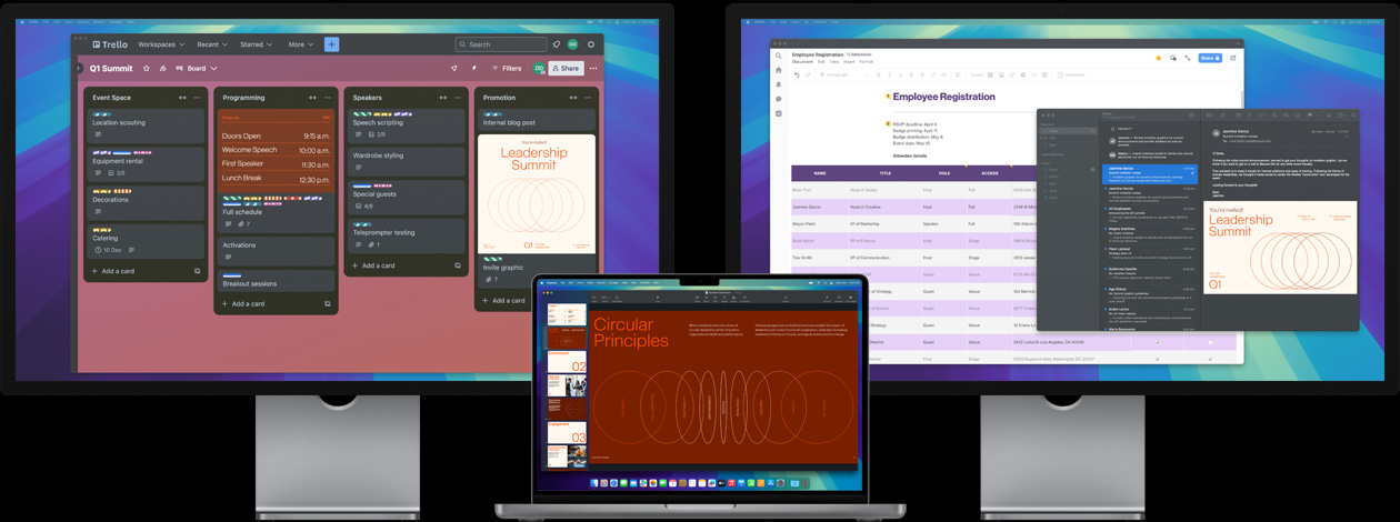 MacBook Pro s dvomi displejmi Studio Display. Na obrazovke vidieť, že používateľ sa pripravuje na samit o líderstve, má zobrazené úlohy v apke Trello, pripravuje prezentáciu a kontroluje súbory návrhu cez e-mail.