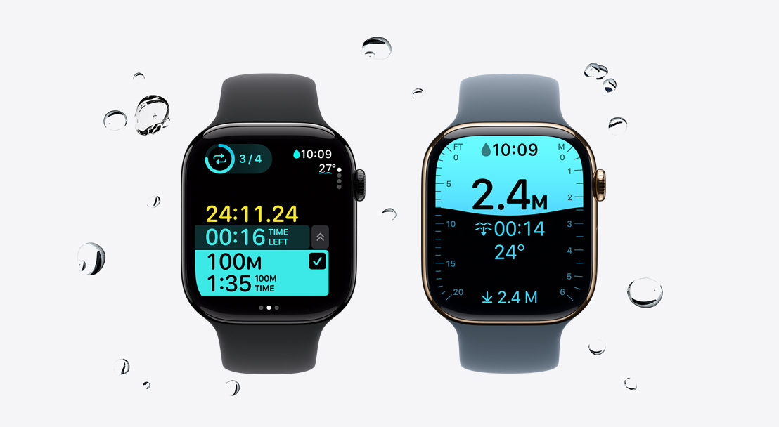 Rôzne Apple Watch Series 11, hliníkové a titánové kryty v leštenej temnej čiernej a zlatej farbe, apka Tréning so sledovaním plávania, kvapky vody stekajúce z hodiniek, športové remienky v čiernej a oceľovej modrej farbe