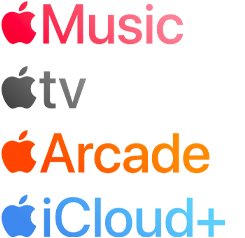 Apple subscription services logotypes including Apple Music, Apple TV+, Apple Arcade, iCloud+