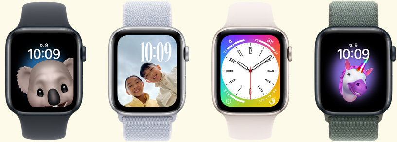 Apple Watch หลายเรือนที่แสดงหน้าปัดสนุกสนานและตลกขบขัน