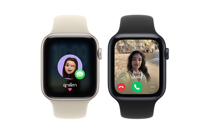 Apple Watch SE 3 devices, aluminum cases, starlight and midnight colors, screens show memoji, incoming call, right side exterior, Digital Crown dial, Sport Bands, sand (pale tan) and black colors