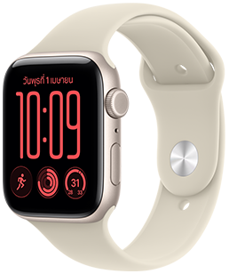Apple Watch SE 3, ตัวเรือนอะลูมิเนียม, สีสตาร์ไลท์, หน้าปัดนาฬิกาโมดูลาร์, กลไกหน้าปัด: วันและวันที่, การออกกำลังกาย, วงแหวนกิจกรรม, อุณหภูมิ, ภายนอกด้านขวา, Digital Crown, ปุ่มด้านข้าง, สาย Sport Band, สีทราย