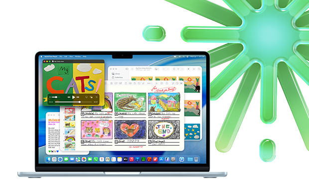 MacBook สีสกายบลูกำลังแสดงแอป Quicktime, โน้ต, Keynote และรูปภาพ โดยแสดงความสามารถในการทำงานหลายอย่างพร้อมกันด้วยแอปหลายตัว