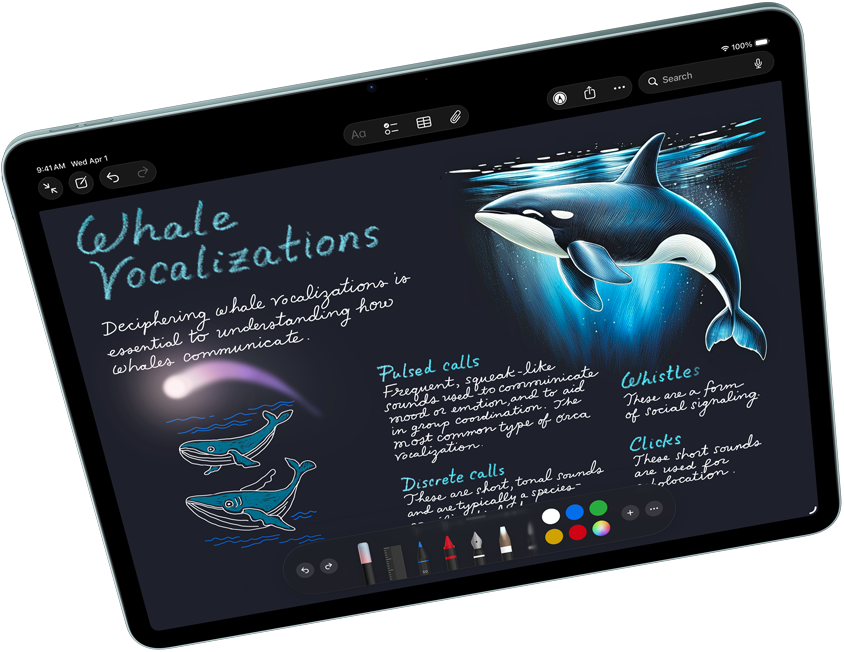 Landscape view of iPad Air showcasing Apple Intelligence with Image Playground, and Keynote, Apple Pencil Pro