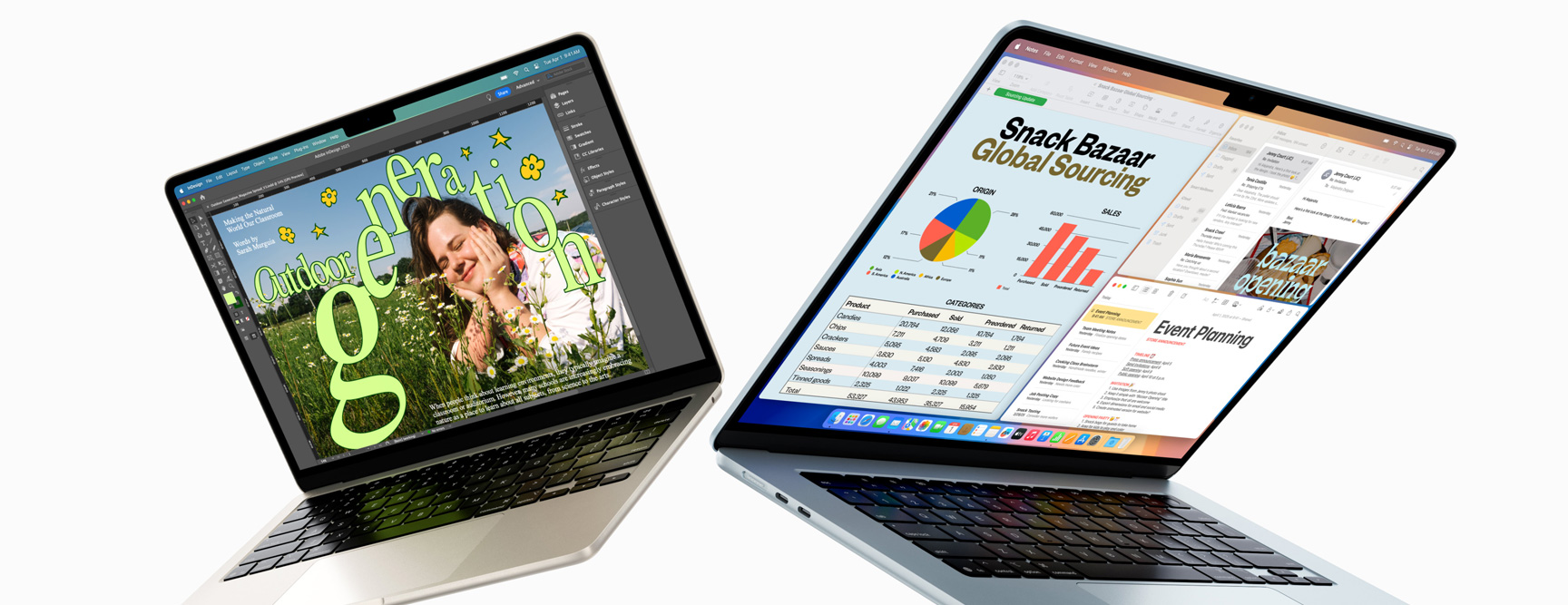 MacBook Air รุ่น 13 นิ้ว และ 15 นิ้ว ที่เปิดกางอยู่ส่วนหนึ่ง โดยหน้าจอหนึ่งแสดงการสร้างสรรค์งานออกแบบที่ยังไม่เสร็จ ส่วนอีกหน้าจอหนึ่งแสดงการทำงานมัลติทาสก์ซึ่งประกอบด้วยอีเมลและสเปรดชีต