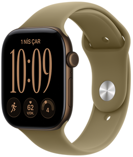 Apple Watch Series 12, alüminyum kasa, koyu bronz renk, dijital saat kadranı, komplikasyonlar: gün ve tarih, Antrenmanlar, kalp atış hızı, hazır olma, Spor Kordon, klasik zeytin yeşili renk