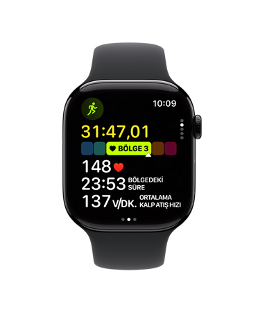 Siyah Spor Kordonlu Apple Watch Series 10’un önden görünümü, Kullanıcı Arayüzünde Antrenman, Koşu (Dış), Kalp Atış Hızı Bölgeleri görülüyor