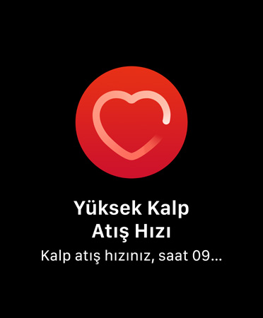 Yüksek Kalp Atış Hızı Bildirimleri’nin Kullanıcı Arayüzünde, “Kalp atış hızınız, saat 09:59 itibarıyla 10 dakika boyunca hareketsiz göründüğünüz sırada 120 v/dk. üzerine çıktı.” yazıyor.