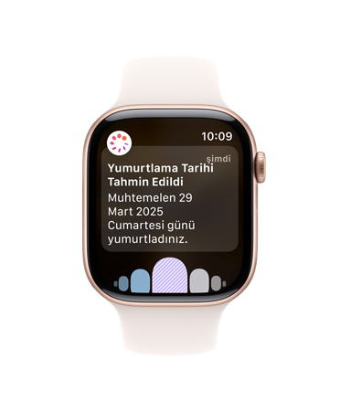 Beyaz Spor Kordonlu Apple Watch Series 10’un önden görünümü, Kullanıcı Arayüzünde Yumurtlama, Döngü Geçmişi yazıyor