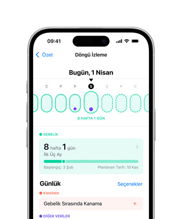 Önden görünen iPhone 16’nın Kullanıcı Arayüzünde Sağlık, Döngü İzleme yazıyor