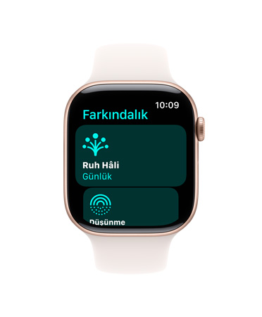 Beyaz Spor Kordonlu Apple Watch Series 10’un önden görünümü, Kullanıcı Arayüzünde Farkındalık, Ruh Hâli, Günlük yazıyor