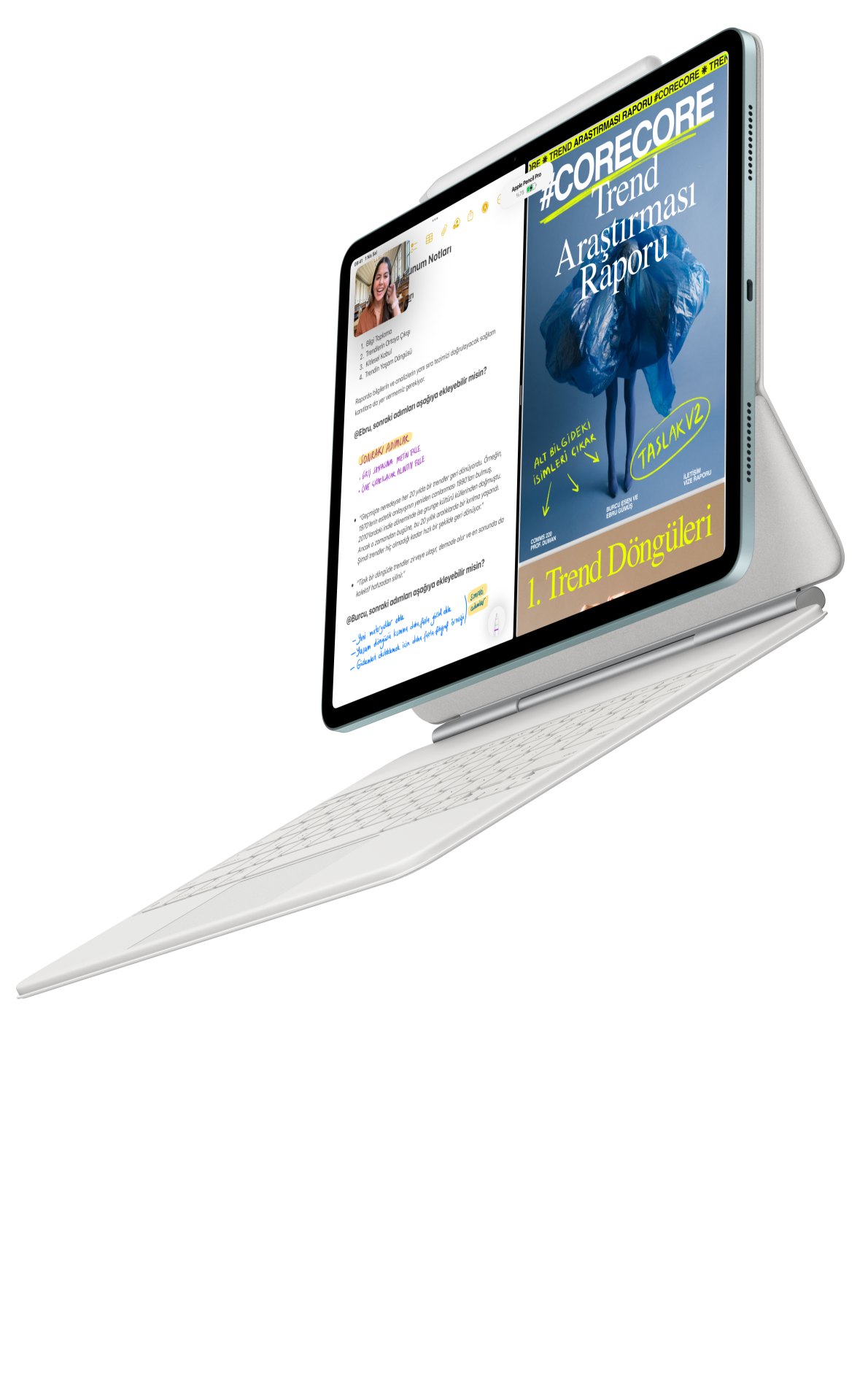 Apple Pencil Pro ve iPad Air için Magic Keyboard’a takılı iPad Air