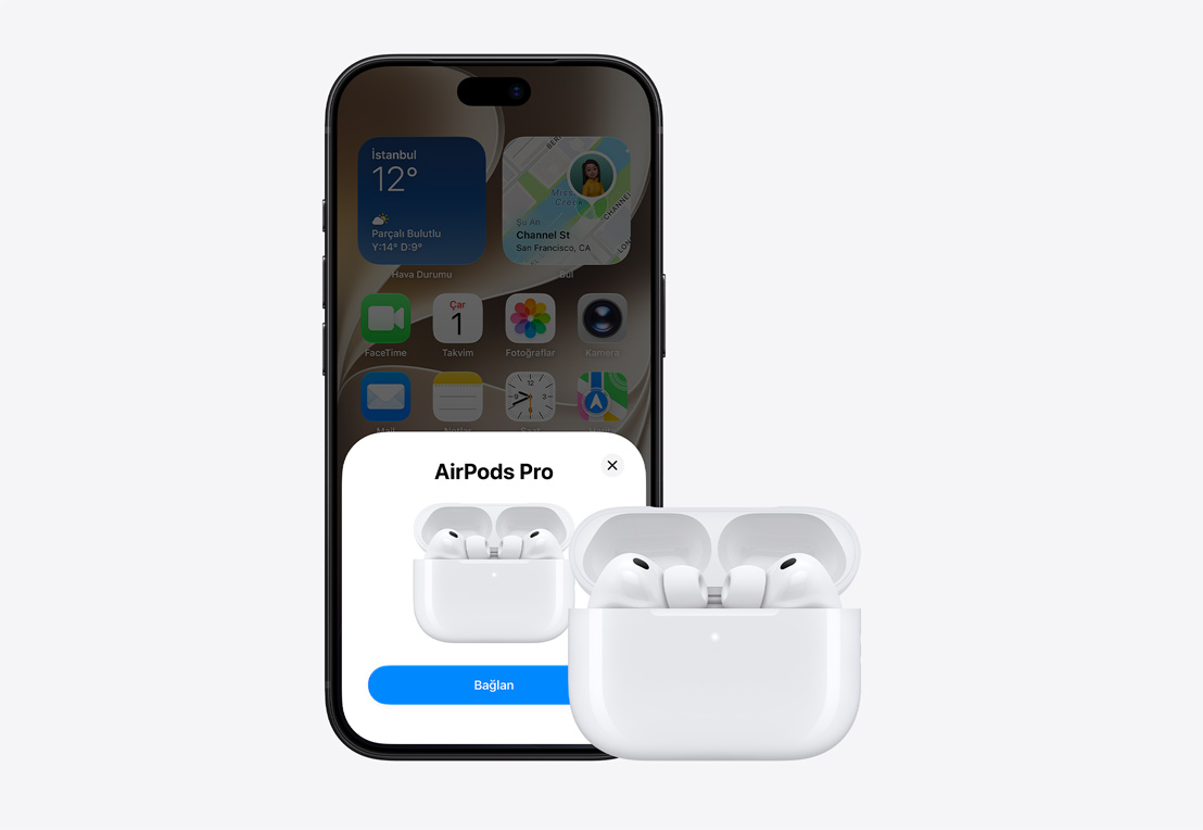 iPhone 18 Pro, önden dış görünüm, Ana Ekran açık, ekranda bağlantı bildirimi, açık MagSafe Şarj Kutusu’ndaki AirPods Pro 3’ün yanında duruyor