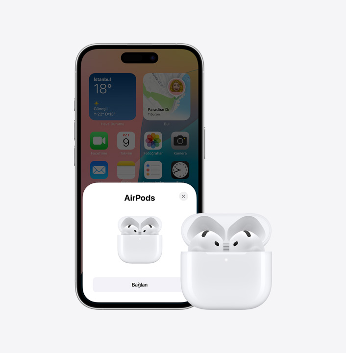 iPhone 16 ve yanında bir çift AirPods gösteriliyor