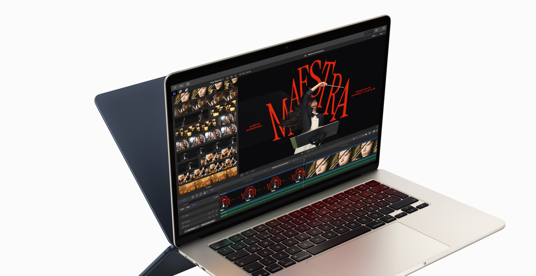 M4 çipin becerilerini göstermek için Final Cut Pro’da video düzenleme yapılan bir MacBook Air görülüyor, ikinci MacBook Air’in önce arkası beliriyor, bir ayna yansıması gibi görünüyor