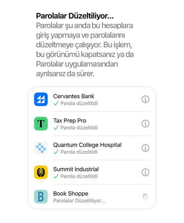 Security upgraded ve signing in gibi durum örnekleriyle birlikte beş parola için parola düzeltme özelliğini gösteren ekran