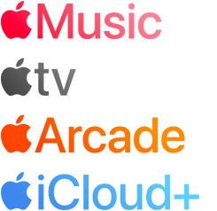 Apple 訂閱服務標誌，包括 Apple Music、Apple TV Plus、Apple Arcade、iCloud Plus