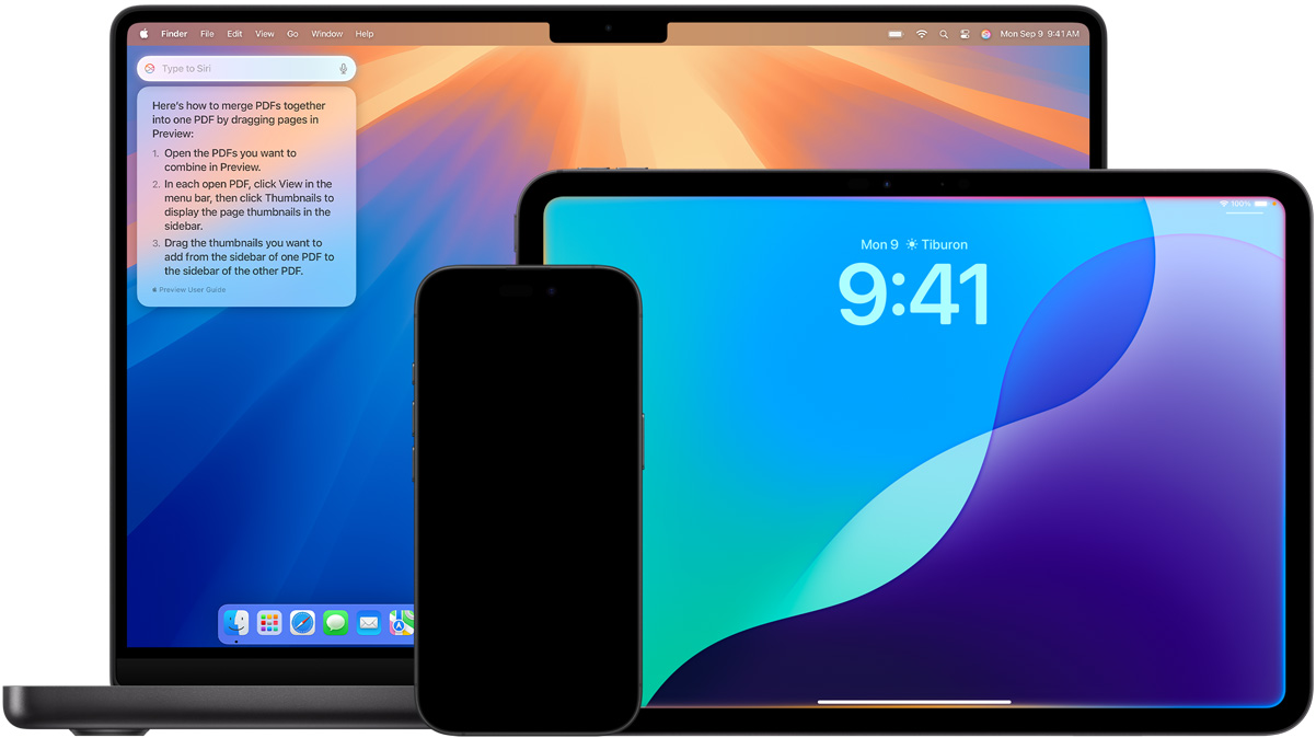 圖片展示 Mac、iPad 和 iPhone 上由 Apple Intelligence 驅動的全新 Siri 功能。