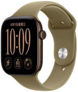 Apple Watch Series 12，展示深古銅色鋁金屬錶殼，右側外觀上有數位錶冠轉盤、麥克風、側邊按鈕，搭配橄欖色 (大地綠色系) 運動型錶帶，錶帶配有按插式錶扣 (銀色按扣)