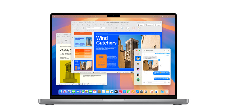 Demonstration of apps like Microsoft PowerPoint and Messages on MacBook Pro M4.