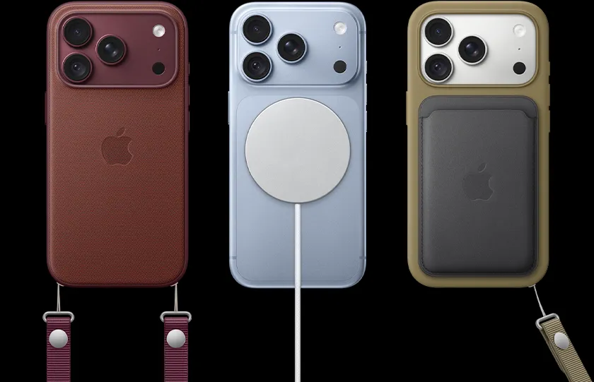 由左至右依序為：iPhone 18 Pro 搭配勃根地紅色皮革保護殼和勃根地紅色斜背掛繩，中間為冰川藍色 iPhone 18 Pro 搭配白色 MagSafe 充電器，右側為銀色 iPhone 18 Pro 搭配綠色手機保護殼、黑色皮革卡套並繫上腕帶。