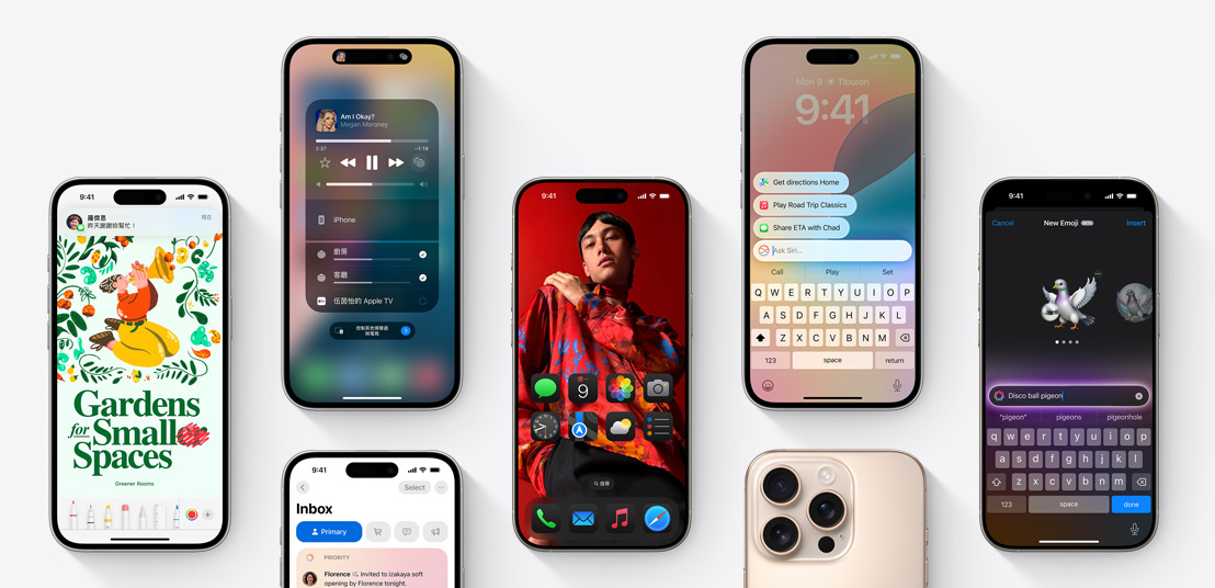 多個 iPhone 16 螢幕展示多項 iOS 18 功能