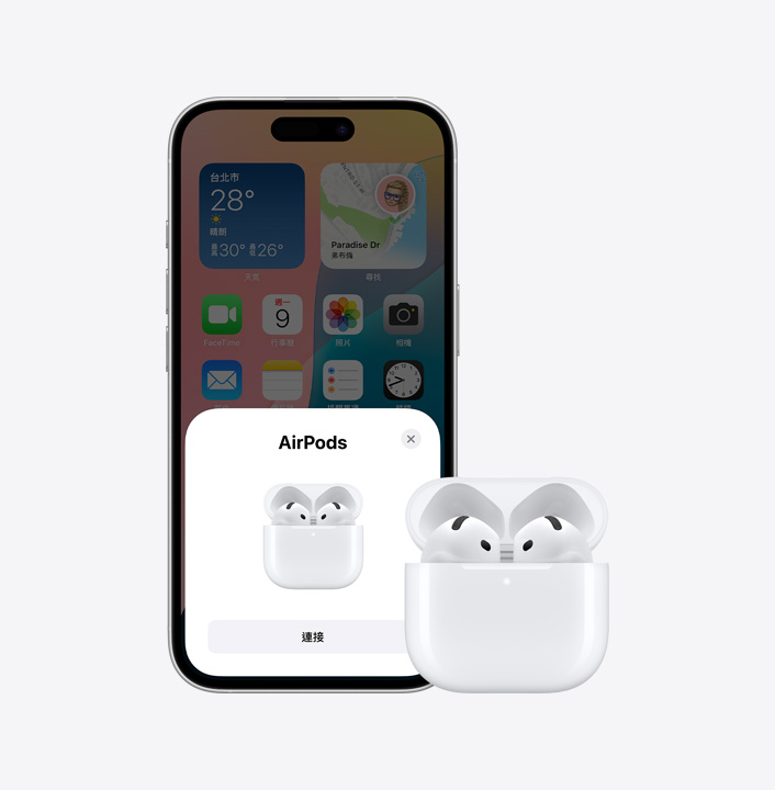 iPhone 16 與一對 AirPods 並排展示