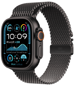 黑色鈦金屬錶殼的 Apple Watch Ultra 2，搭配黑色鈦金屬米蘭式錶環。