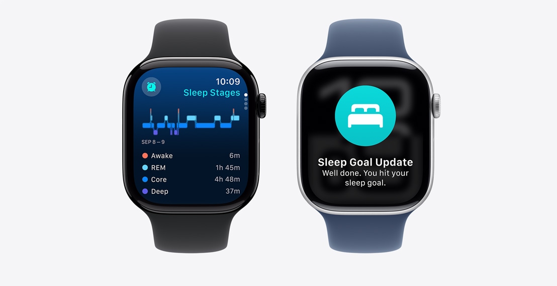 Два Apple Watch Series 10. Първият показва данни за етапите на заспиване. Второто показва известието за актуализация на целта за сън.