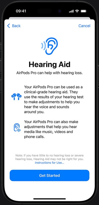 The Hearing Aid introduction screen