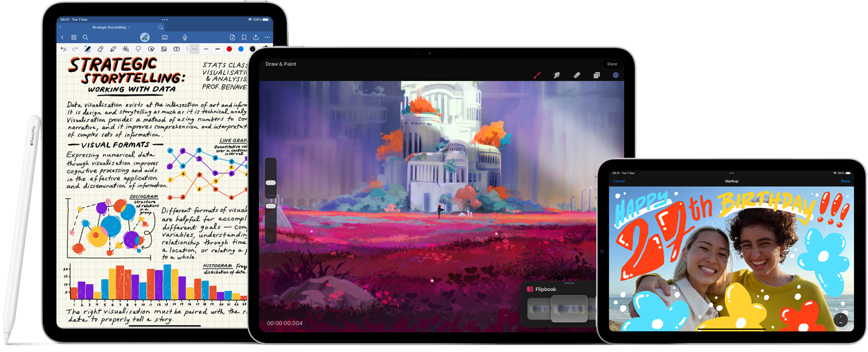 Image of iPad Pro, landscape orientation, displaying a colourful drawing. On left, iPad, portrait orientation, displaying note-taking with Apple Pencil Pro leaning on its side. On right, iPad mini, landscape orientation, displaying a photo with hand-drawn effects. Apple Pencil USB-C is laid horizontally across the front of iPad Pro and iPad mini.