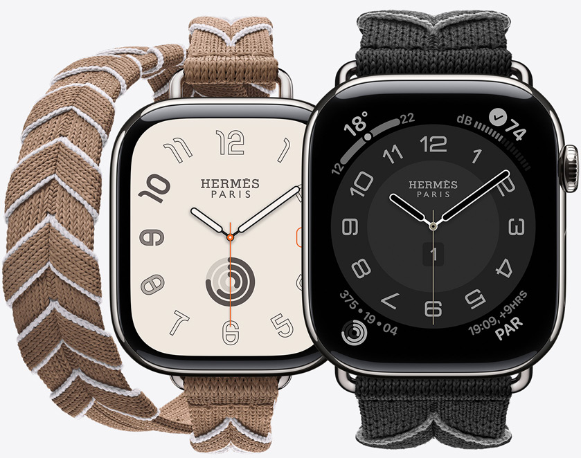 Front view of the continuous knit Bridon Attelage Double Tour and Bridon Single Tour straps in Beige de Weimar/Blanc (beige/white) and Noir/Gris (black/grey) with the Hermès Radial watch face and Hermès Circulaire watch face.